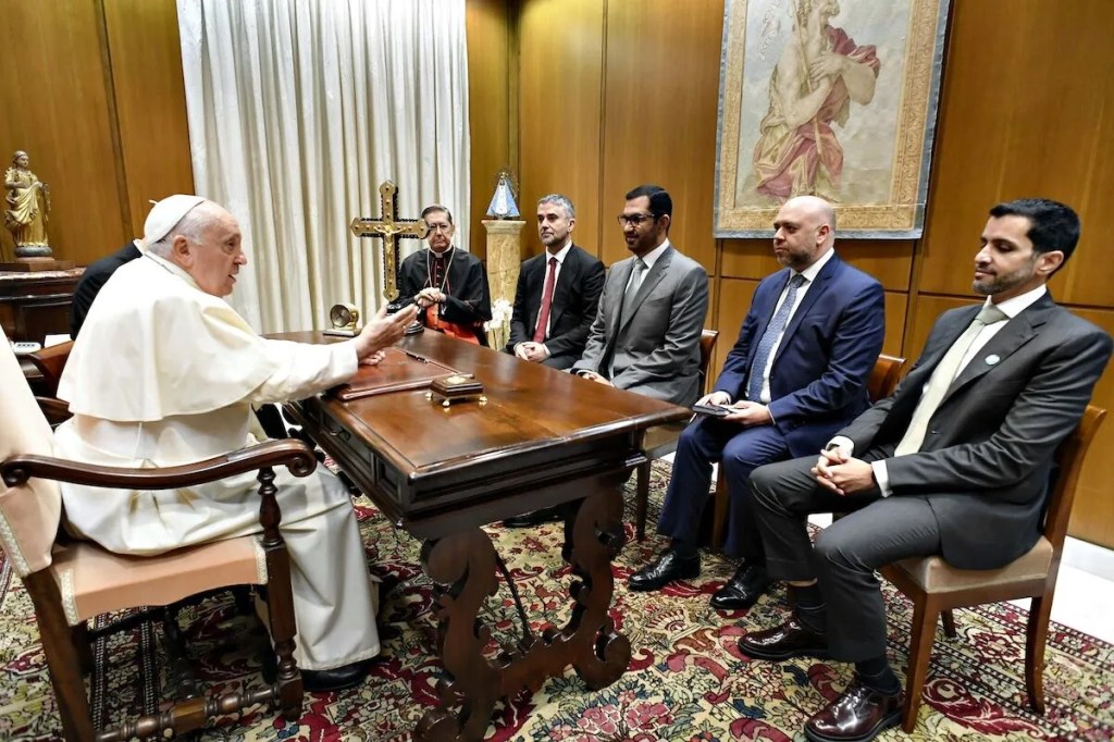 Pope Francis meets with President-Designate of the upcoming COP28 climate talks and Minister of Industry and Advanced Technology of the United Arab Emirates the Sultan Ahmed Al Jaber and delegation during an audience at his Studio of the Paul VI Hall in Vatican City, Vatican on Oct. 11, 2023. Vatican Media via Vatican Pool / Getty Images